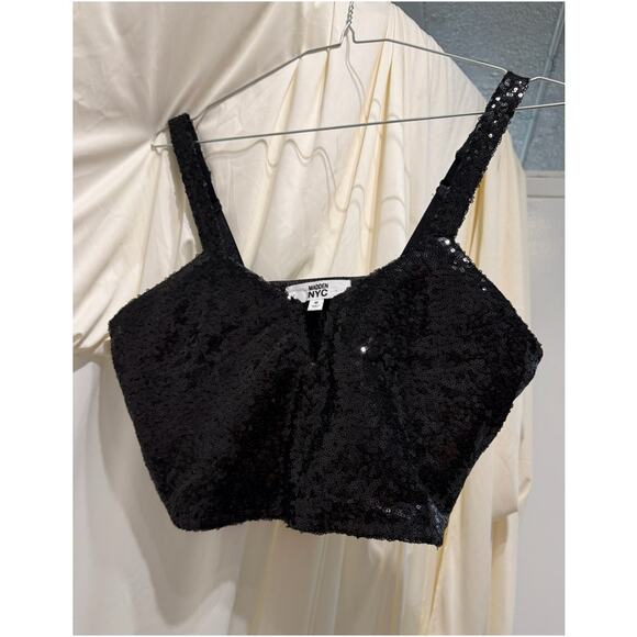 Madden NYC Top Womens Medium Black Sequin Bustier Cropped Spaghetti Party Glam - Picture 5 of 7